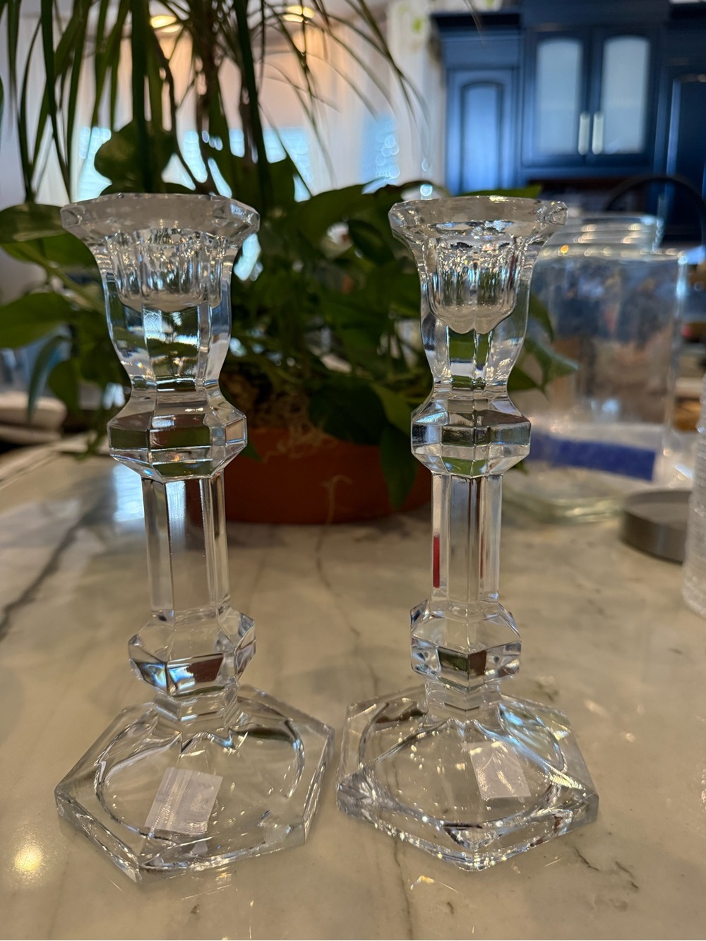 Clear Crystal Glass Candlestick Holders - Pair
